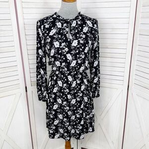 Old Navy Floral Ruffle Collar Long Sleeve Elastic Waist Dress Black White Small